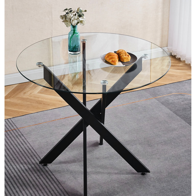 Table de salle à manger moderne noire avec pieds croisés en métal et verre trempé lisse, hauteur 28,33 po, réglable pour la cuisine, plateau en verre simple à assembler, différentes pièces, 40,56 lb, assemblage rapide