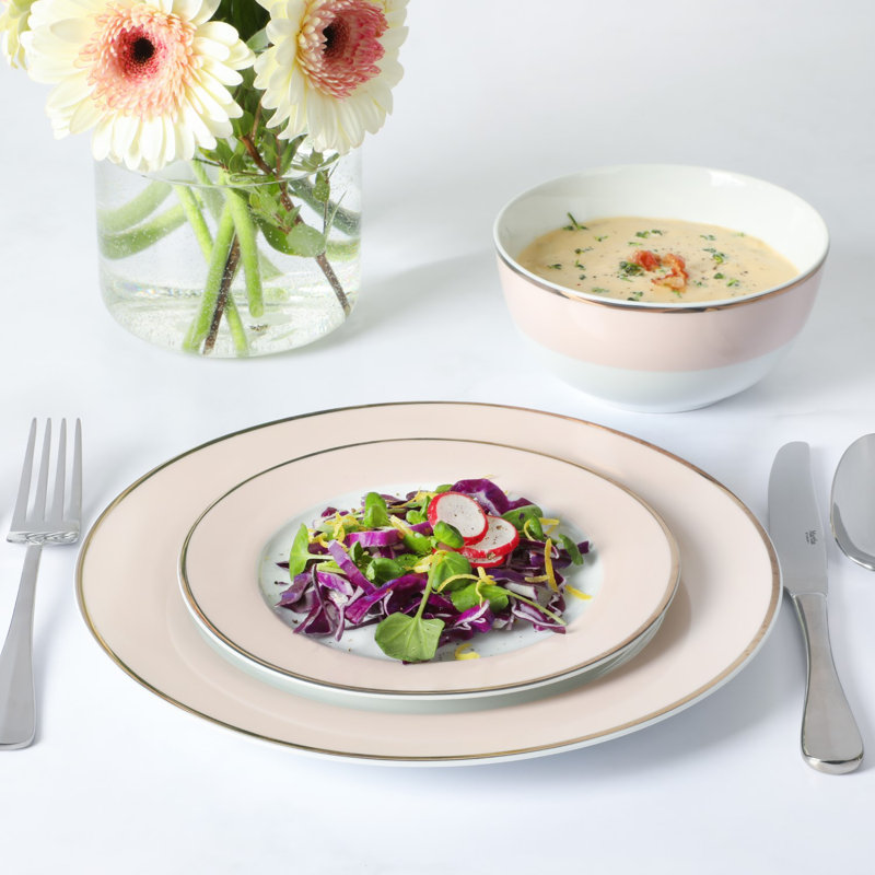 Pink Porcelain Coastal Dinnerware Set with Gold Rim, Service for 4