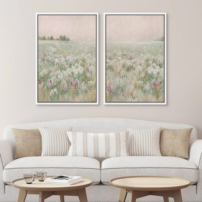 Wildflowers " Serene Meadow Field Pastel Floral Landscape in Hazy Dawn Light Modern Art Wall Decor Artwork " 2 Piece Art Set