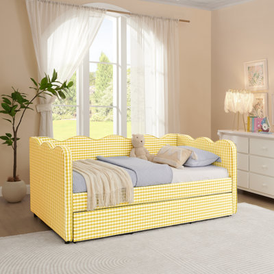 Cozy Gingham Daybed With Trundle Twin Size Sofa Bed No Box Spring Needed, With USB Port And Adorable Wave Shaped, Linen Fabric
