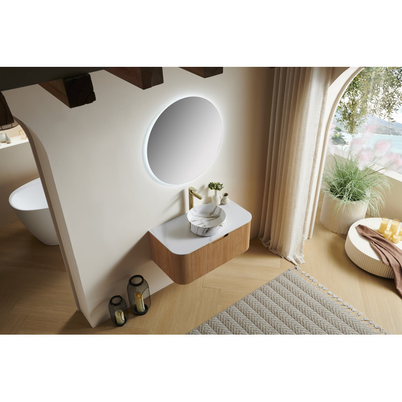 Meuble-lavabo de salle de bain Dina avec lavabo, meuble de rangement mural rayé à bords arrondis avec tiroir, lavabo rond en céramique blanche avec motif de pierre, pré-assemblé, couleur grain de bois naturel