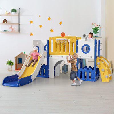  9 In 1 Large Toddler Slide, Kid Playset W/long Slope, Baby Climber Set W/basketball Hoop, Telescope, Tunnel, Storage Space, Enclosed Steps, Indoor Outdoor Playground