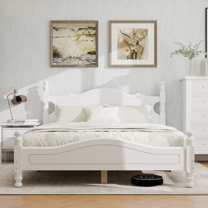Base de lit plateforme en bois, lit plateforme de style rétro avec support en lattes de bois, Blanc, Grand