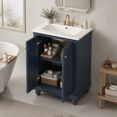 Meuble-lavabo moderne de 24 po de conception simple et élégante avec rangement à fermeture en douceur, tablette réglable, meuble-lavabo avec lavabo en céramique
