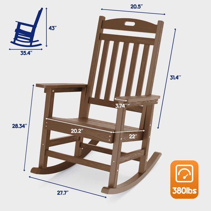 Big & Tall Oversized Rocking Chair Outdoor, Heavy Duty 400 lbs High-Back Patio Rocker, Weather-Resistant HIPS Poly Construction, 22" x 21" Wide Seat Porch Furniture, Teak
