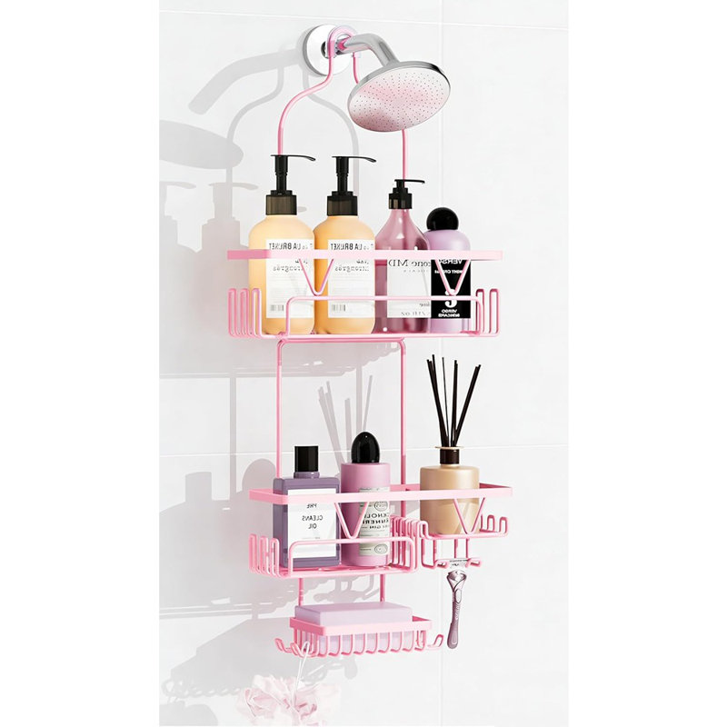 Serviteur de douche suspendu au-dessus d'une pomme de douche - Rose - Organisateur de salle de bain antirouille avec 2 porte-savons et crochets multiples
