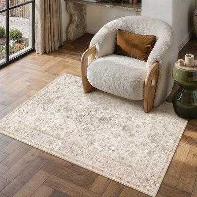 Tapis floral lavable à la machine avec envers antidérapant beige Elora
