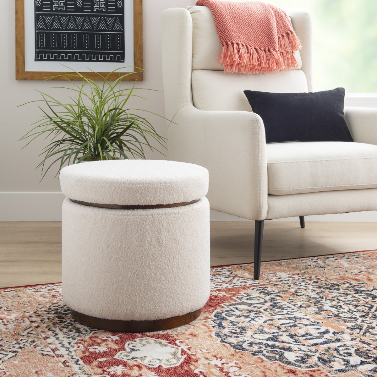 Round sherpa storage ottoman