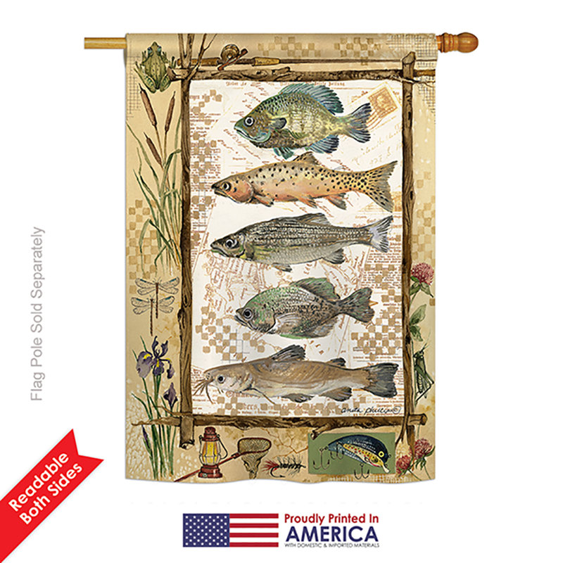 Polyester de pêche 40 x 28 po. nature de l’aventures de pêche de polyester de 2 côtés. drapeau maison