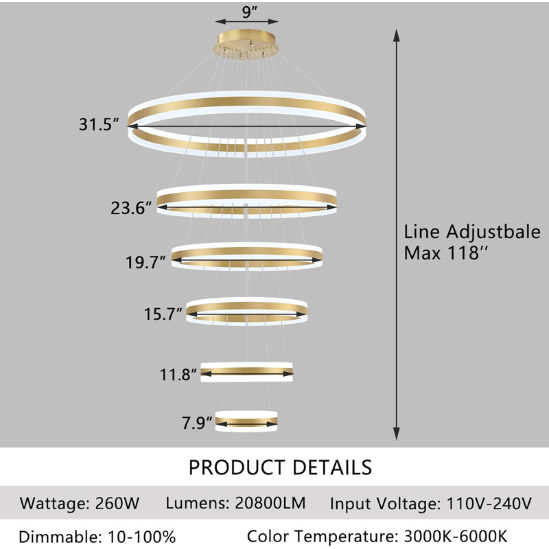 Lustre moderne à 6 lumières DEL à intensité variable, Doré, Doré