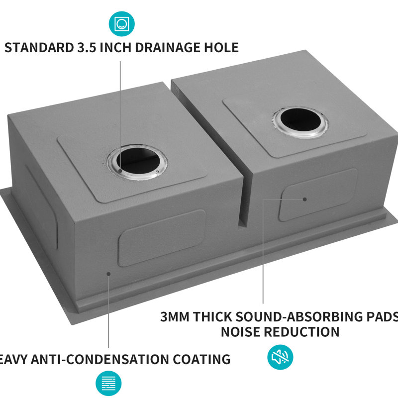 Évier de cuisine encastré à double cuve 50/50 en acier inoxydable de calibre 16 T304 de 33 po x 19 po avec cuve profonde de 10 po, tablier avant en forme de X, guide de l'eau en forme de X, revêtement à partir de la condensation, coussin, paquet