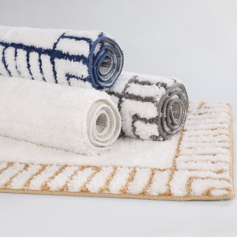Inaya Modern Striped Plush Tufted Shag Machine Washable Bath Rugs, Set Of 2, 20" L x 32" W, White/Navy