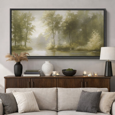 Serene River and Forest Scene Large Framed Canvas Print Wall Art - Tranquil Nature Decor