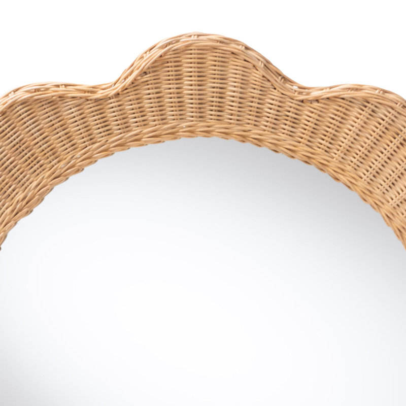 Bali & Pari Makoto Scalloped Natural Rattan Wall Mirror - Handwoven Wicker Round Frame, Boho Coastal Accent Wall Decor For Entryway, Bedroom, Or Living Room