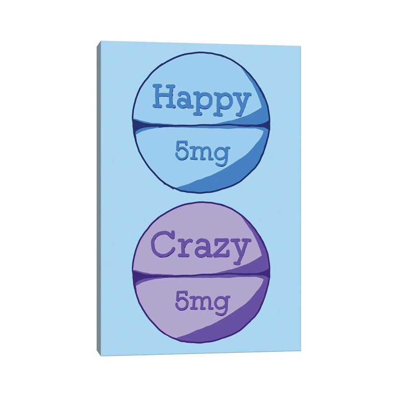 Happy Crazy Pill Blue - Wrapped Canvas Print, 20.32 cm H x 30.48 cm W