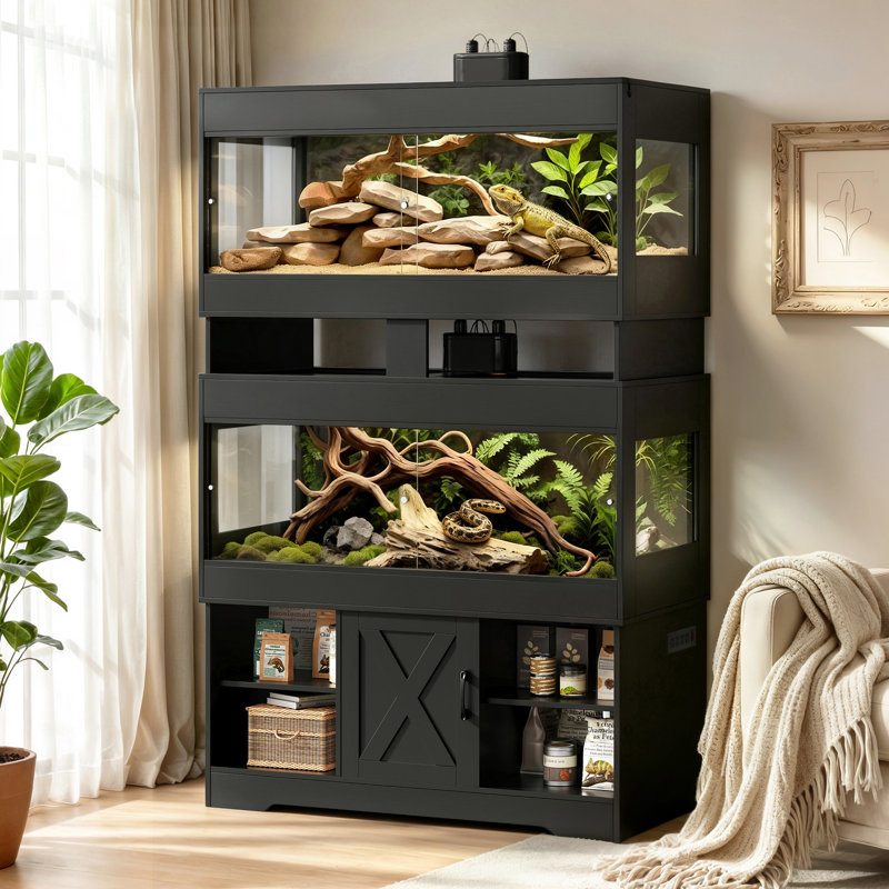 Terrarium double Herture de 454 litres (120 gallons) avec support, 122 x 61 x 61 cm (4 x 2 x 2 pouces), meuble terrarium empilable avec multiprise intégrée et portes coulissantes en acrylique pour dragon barbu, serpent, lézard et gecko (PX14RTB).
