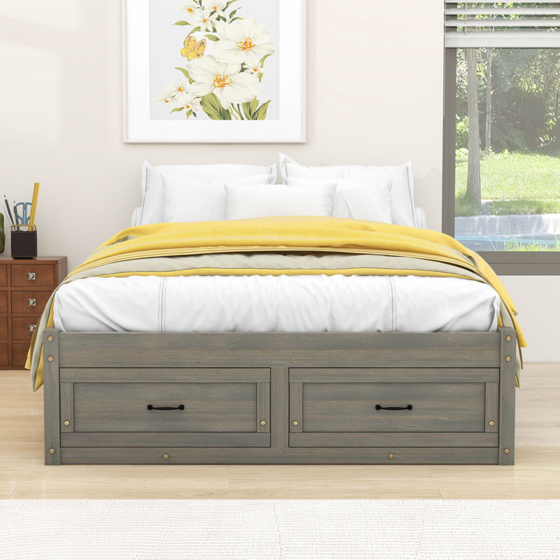 Lit plateforme en bois avec rangement spacieux et pieds, Gris antique, Double
