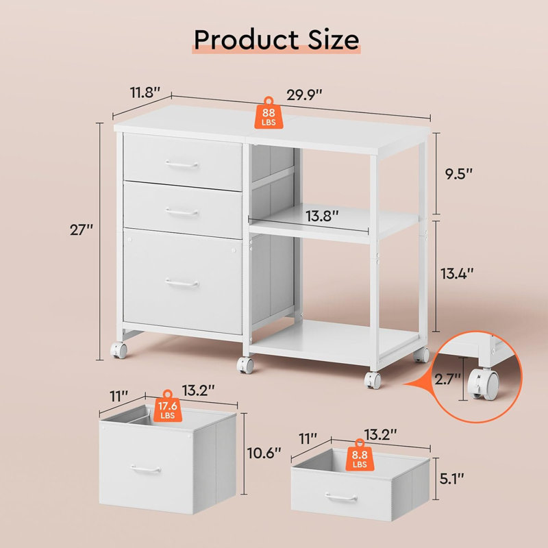 White 3-Drawer Fabric Lateral File Cabinet - Rolling Printer Stand (With Open Storage Shelf, For Home Office)