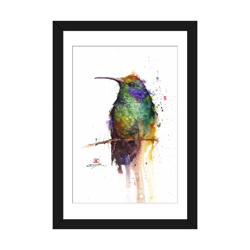 « green oiseau », peinture sur toile tendue, Papier d'art encadré noir, H 24 po x l 16 po x P 1 po, Blanc