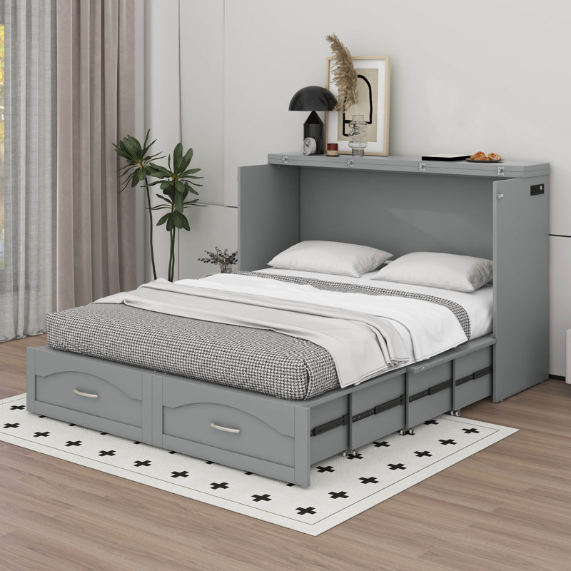 Lit escamotable avec tiroir et port USB, Gris, Grand lit