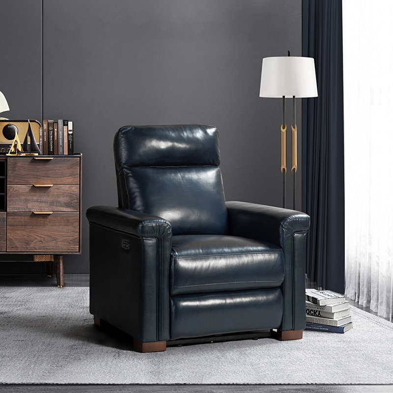 Aziah 34.65" Wide Genuine Leather Power Recliner With USB Port, Navy Genuine Leather