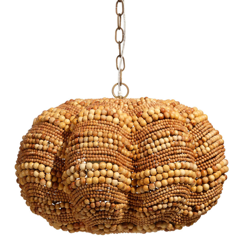 Lustre Fero, perles de bois de manguier sculptées à la main naturelles, 27 pouces, Laiton, Brun