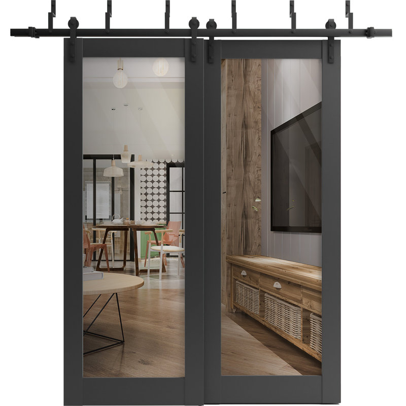 Portes coulissantes de placard en verre transparent Lucia 2166, rails robustes noir mat de 2 m (6,6 pi), quincaillerie incluse, portes de placard de chambre en bois massif - 91 x 213 cm (36 x 84 po) (2 x 46 x 213 cm (18 x 84 po)) - Verre transparent