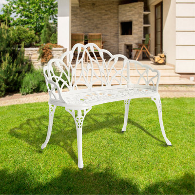 Tulip Patio Garden Bench Metal Park Bench Cast Aluminum Outdoor Furniture With Floral Rose For Patio,Park,Lawn,Yard With Cushion