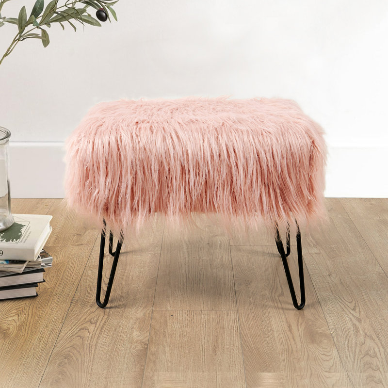 Keilia Upholstered Ottoman, Coral Pink Faux Fur