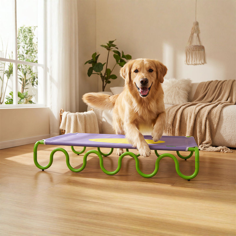Lit pour chien Wavy Army, moyen, blanc / jaune, Mauve / Vert / Jaune