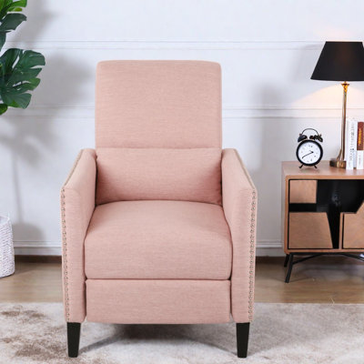 Fauteuil inclinable gain de place avec poche latérale, tissu rose poudré et structure en bois, style moderne