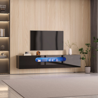 Meuble télé mural avec rangement pour téléviseur 85 po, meuble multimédia flottant avec lumières DEL pour le salon