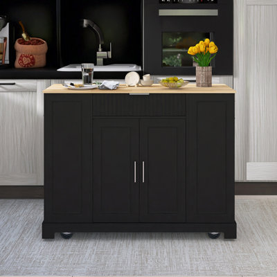 48.5" Rubber Wood Countertop Kitchen Cart With Trash Can Storage Cabinet & Power Outlet by Red Barrel Studio