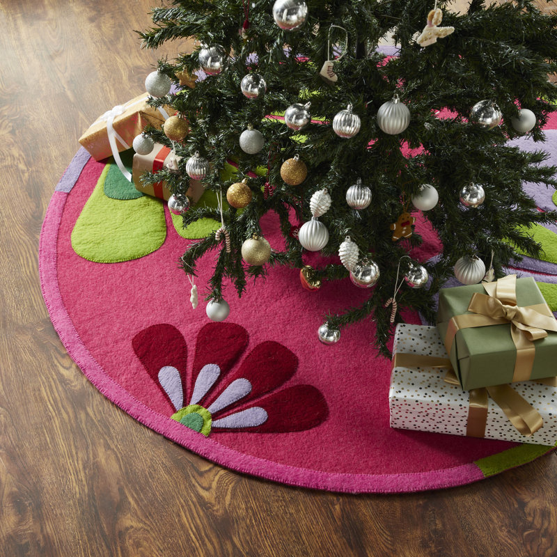 Jupe d'arbre de Noël en feutre faite à la main - Fleurs sur fond rose - 60 po
