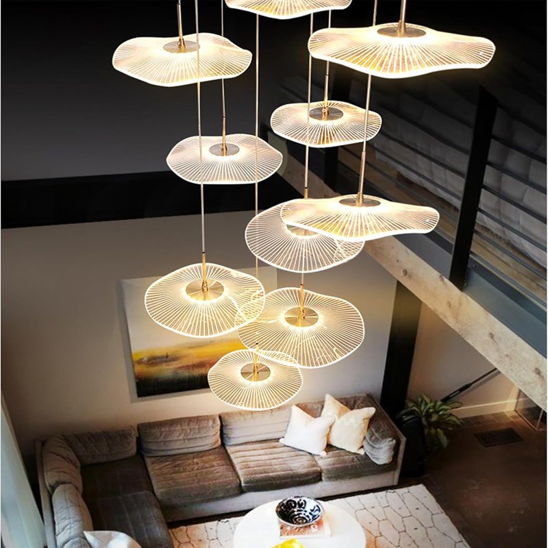 High Ceiling Chandelier - Dimmable Modern Gold Long Spiral Luxury Linear Lotus Leaf Led Lamp Hanging Pendant Lights For Foyer Enterway Staircase Villas