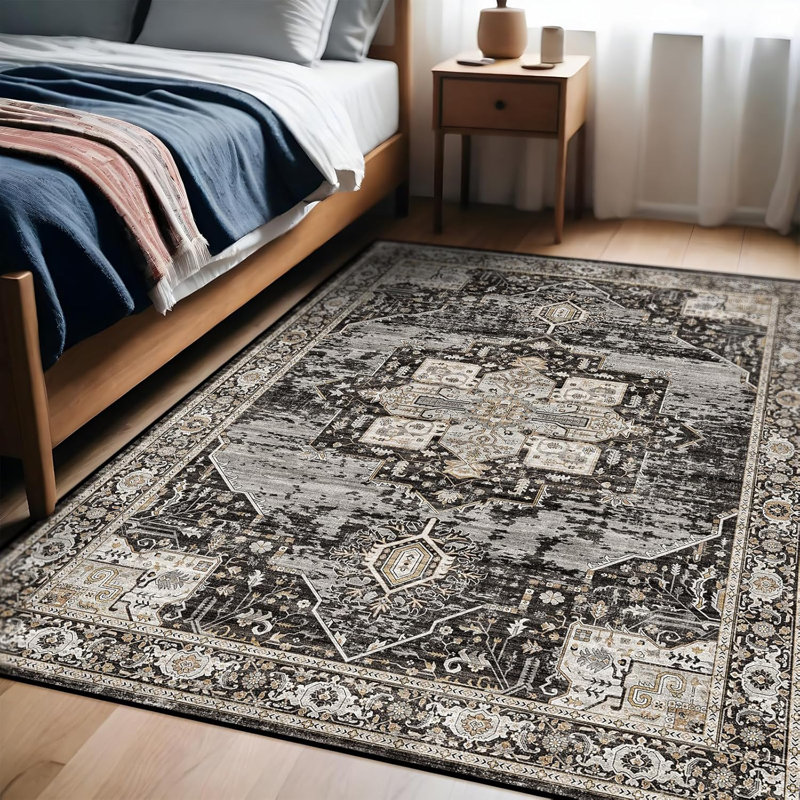 Washable 4x6 Area Rugs - Soft Area Rug for Living Room Stain Resistant Carpet Vintage Indoor Thin Rugs for Bedroom Kitchen entryway with Non Slip Backing Home Decor Small Mat 4X6 Black