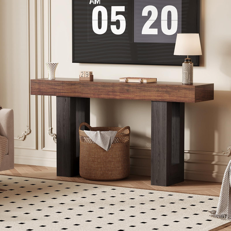 63-inch Console Table with Power Outlet, Extra Long Sofa Table with USB & Type C for Hallway, Brown, Black