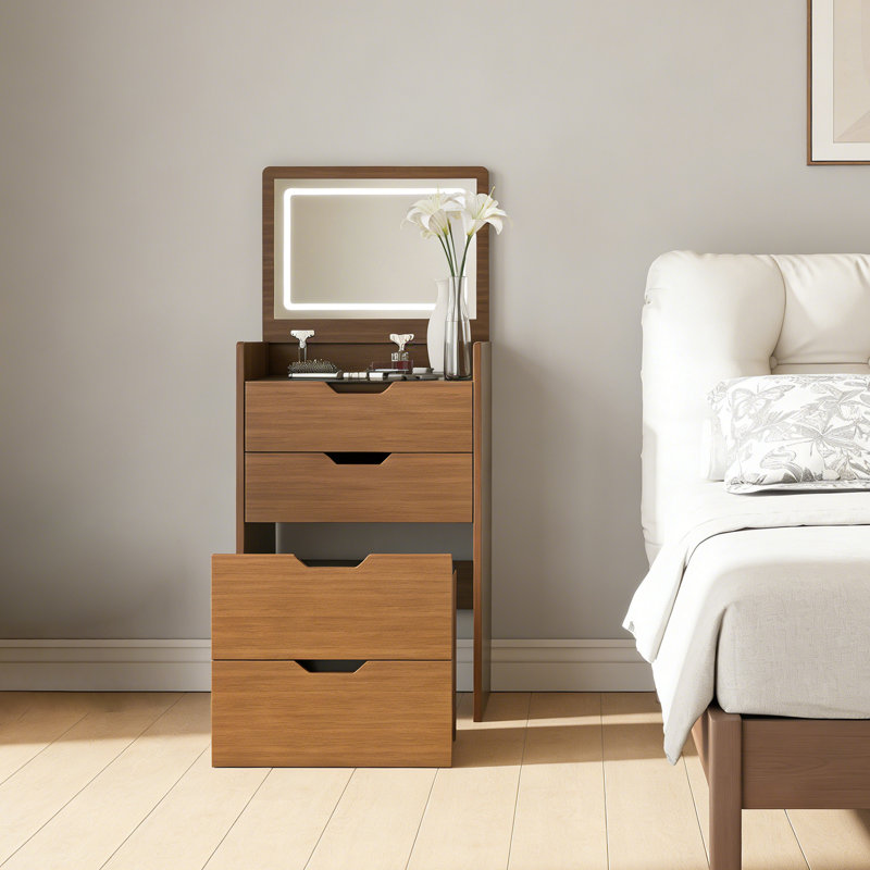 Bureau de coiffeuse 3-en-1 avec miroir éclairé et tabouret, coiffeuse compacte, finition noyer | Idée de cadeau, Brun