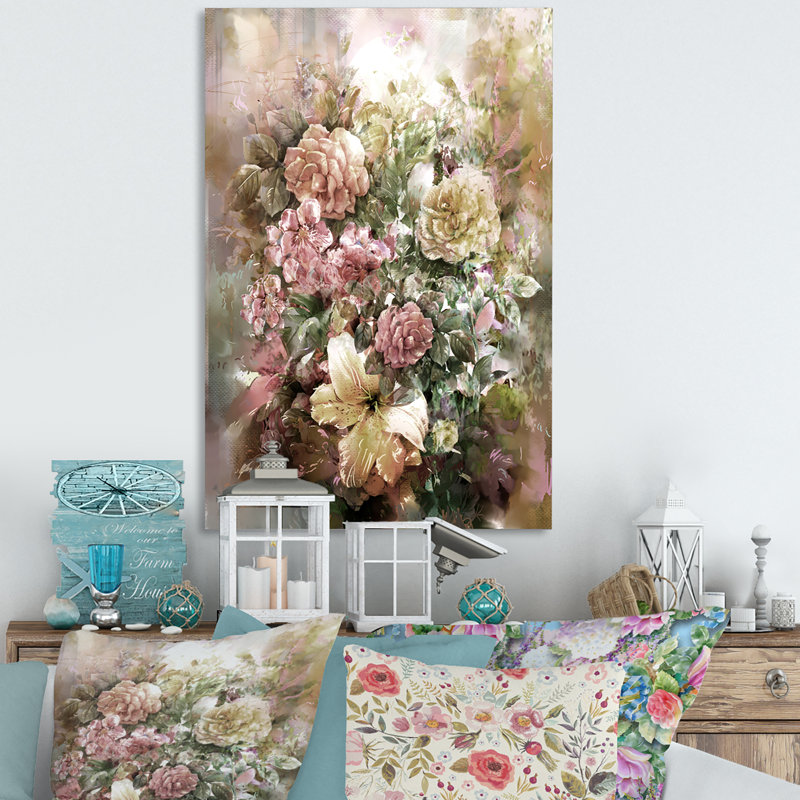 «Grunge rose vert été fleurs II», reproduction d'art sur toile traditionnelle