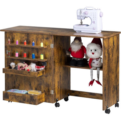 Folding Sewing Table with Wheels, Shelves, Bins, Pegs, Magnetic Locks - Rustic Brown