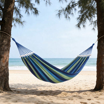 Blue Green Stripe Double Hammock 86.61 x 59 Inch, Thickened Canvas Lounger with Wood Bars for Backyard Patio Camping