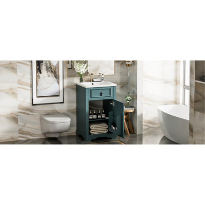 Meuble-lavabo de 20 pouces avec lavabo en céramique, fonction de fermeture silencieuse et rangement intelligent pour les essentiels quotidiens