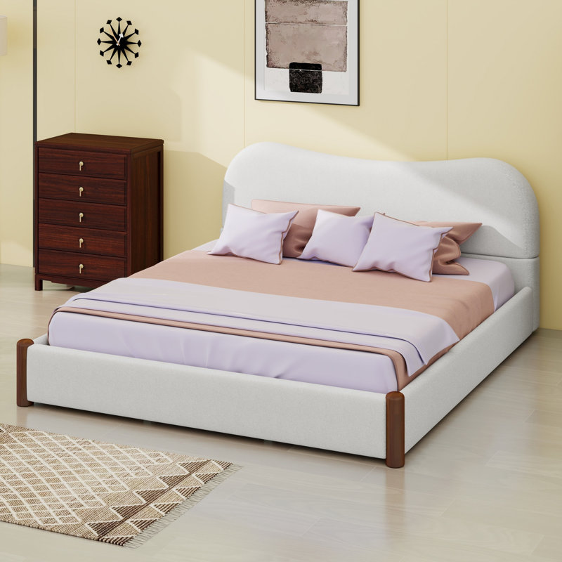 Lit plateforme avec design rembourré et pieds de support en bois, Blanc, Très grand lit