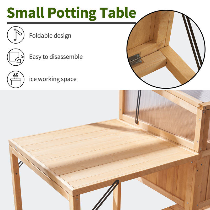 Natural Fir Wood Cold Frame Greenhouse with Foldable Potting Table