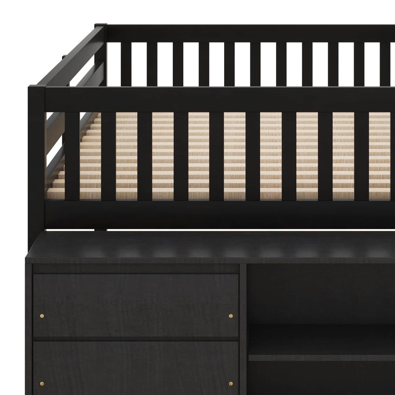 Lit superposé double au-dessus de double avec 4 tiroirs, 3 tablettes, structure de lit superposé en bois avec garde-corps, échelle