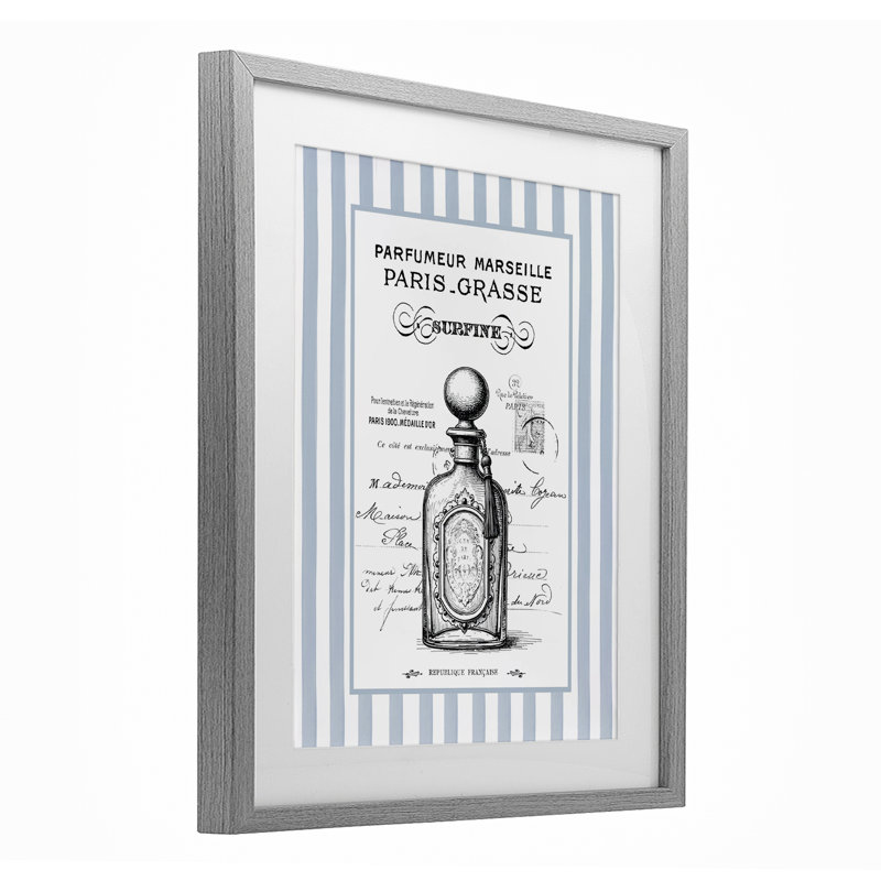 Parfum français sur rayures, reproduction encadrée sous verre, design par lettré et doublé, H 16 po x l 13 po