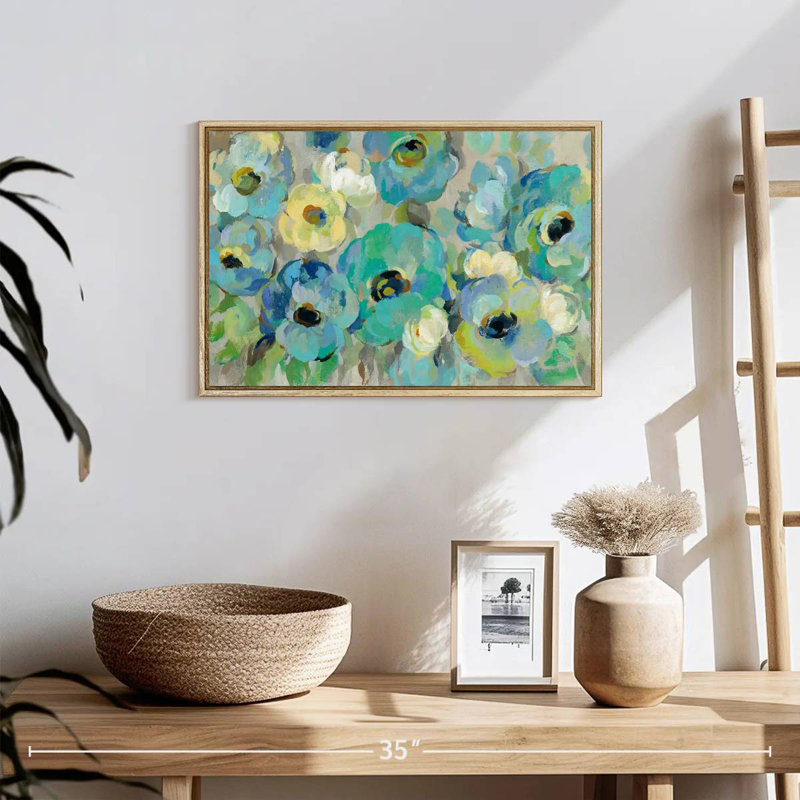 Fleurs bleu sarcelle fraîches I, Cadre flottant en bois naturel, 19 po x 13 po