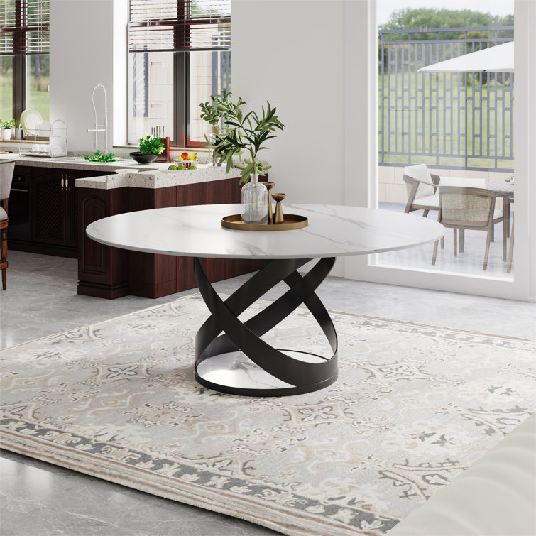 Modern Round Dining Table Sets for 4-6 White Glossy Dining Table with 4-6 Dining Chairs Pre-Assembly
