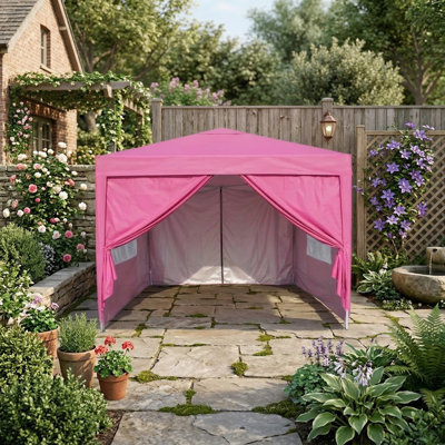 Pop-Up Outdoor Canopy Tent Measuring 10x10 Feet, Includes Removable Zippered Sidewall, 2 Sidewall Panels with Windows, 4 Sand Weight Bags, and Carry Bag, Magenta Color