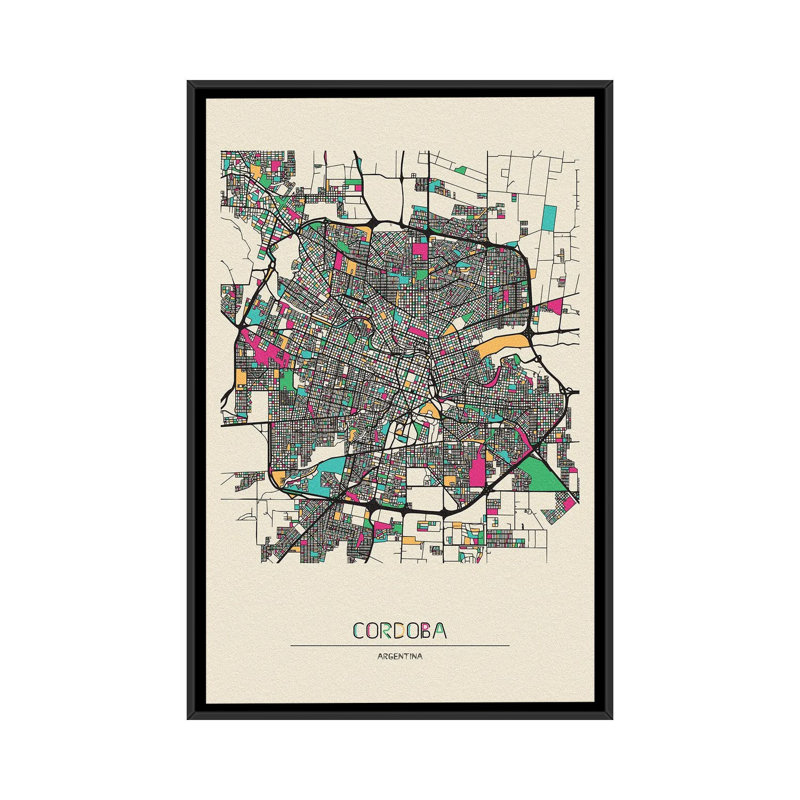 Cordoba, Argentina Map by Ayse Deniz Akerman - Floater Frame Print on Canvas